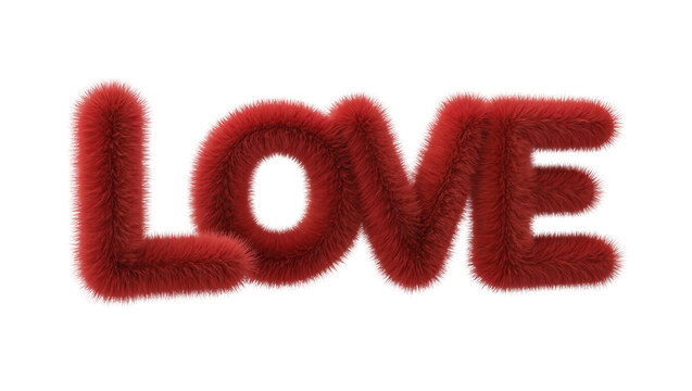 Fluffy red LOVE text isolated on transparent background, symbolizing affection