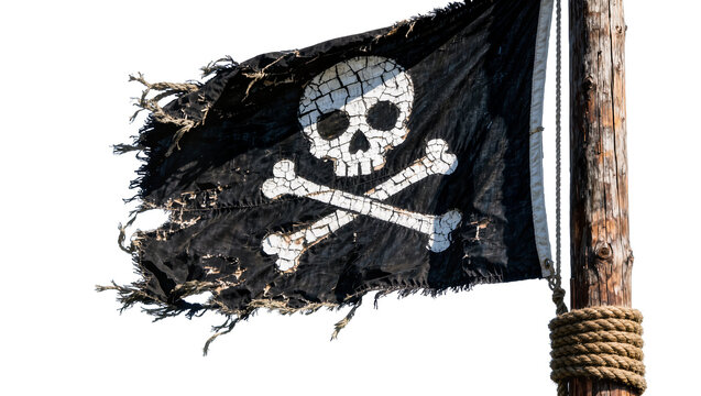 Tattered black pirate flag with skull and crossbones, isolated on transparent background