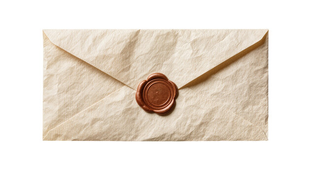 Crinkled beige paper envelope sealed with a round bronze wax stamp, isolated on transparent background