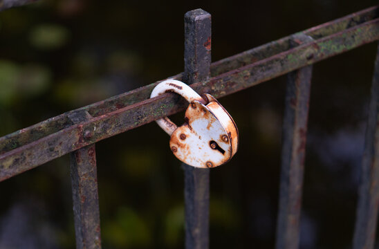 A close-up view of a white heart-shaped padlock attached to a metal bridge railing in Latvia. 