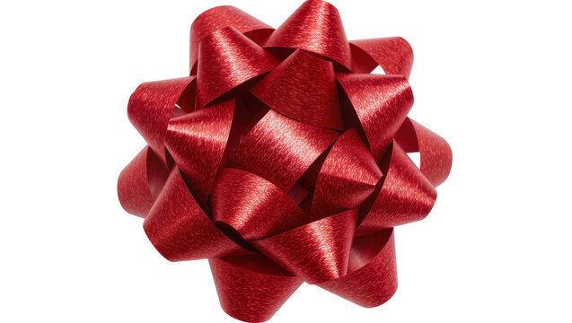 Shiny red metallic gift bow with textured ribbon, isolated on transparent background