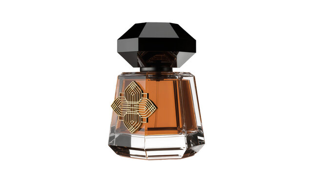 Luxury amber perfume bottle with geometric gold emblem, isolated on transparent background