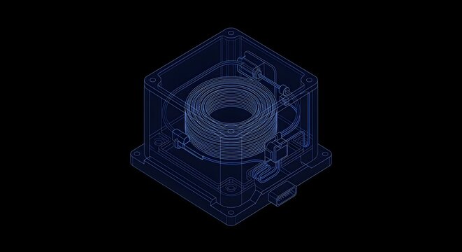 Navy blue line art fiber optic gyroscope on matte black background