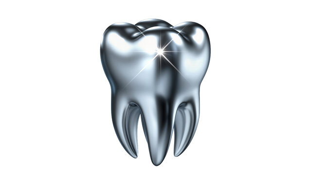 Shiny metallic tooth with sparkling highlight, isolated on transparent background