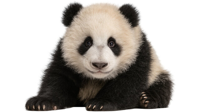 Fluffy baby panda sitting, isolated on transparent background
