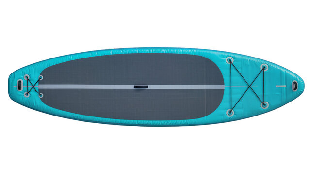 Turquoise inflatable stand up paddleboard with grey deck pad, isolated on transparent background