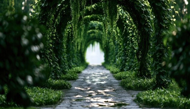 Green vine tunnel formed by consecutive arches along a stone pathway in a lush garden setting