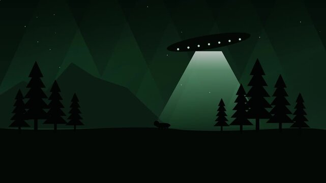 Ufo alien spaceship abducting animal in pine forest night animation background, loop abduction flying saucer