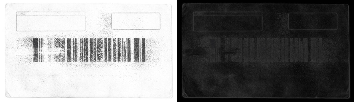 Distressed barcode stamp texture on white background, vintage ink grunge effect with grain and halftone patterns for retro postage design, packaging mockups, industrial branding and digital art