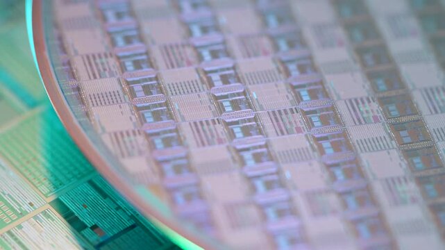 wafer silicon monocrystalline  with microchips after photolithography etching manufacturing reflecting different colors used in fabrication of electronic integrated circuits.
