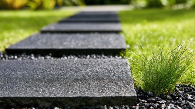 Ground-level view of dark grey stone stepping slabs forming a garden path through green lawn and gravel