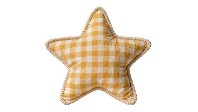 Yellow gingham star pillow with rope trim, isolated on transparent background