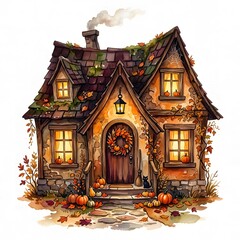 Fototapeta premium A beautiful watercolor illustration of a cozy autumn cottage perfect for printing on a tshirt featuring warm glowing windows and festive seasonal fall decorations