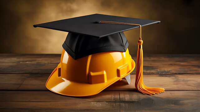 Graduation cap and tassel placed on construction helmet representing education and career