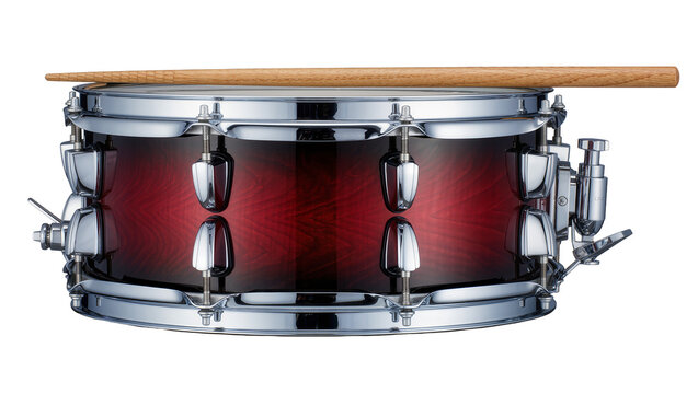 Red gradient snare drum with wooden stick, isolated on transparent background