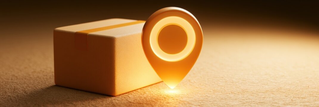 A glowing map pin lands on a generic parcel showing a delivery point in a well-lit setting with clear space around.