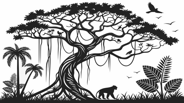 Black and white silhouette of a large savanna tree with a monkey and birds