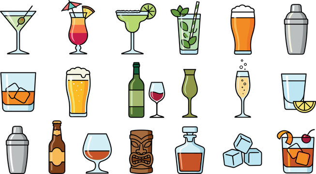 Cocktail and Alcoholic Drink Color Icon Set with Wine Beer Martini Margarita Shaker Tiki Mug and Whiskey Glasses for Bar Menu Designs