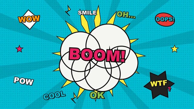 Vibrant retro comic book boom explosion animation background, with dynamic pop, speech bubbles and, halftone pattern