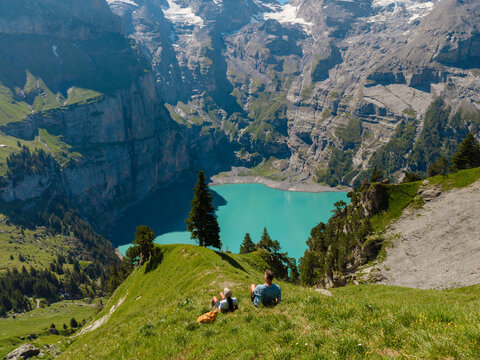 Breathtaking view of Oeschinensee lake from the slopes above Kandersteg in Switzerland