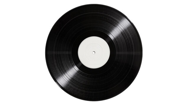 Black vinyl record with white label, isolated on transparent background