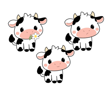 Cute Cow Character Set with Farm Animals and Flower. Cute cartoon cow character set featuring three adorable farm animals with black and white patterns, pink muzzles, playful expressions 