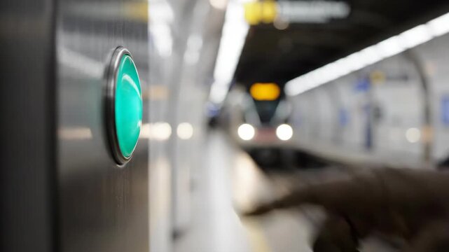 Close-up of a person's hand pressing a glowing green button, symbolizing action or choice.