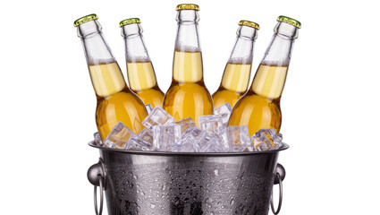 Five golden beer bottles chilling in a metal ice bucket with condensation, isolated on transparent background © Corotaev