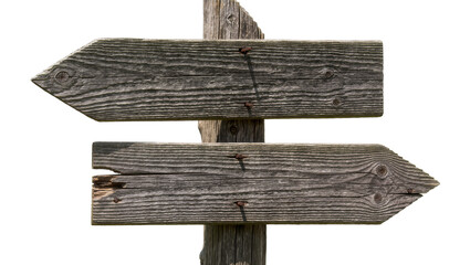 Weathered wooden directional signpost with two arrow-shaped planks, isolated on transparent background © Corotaev