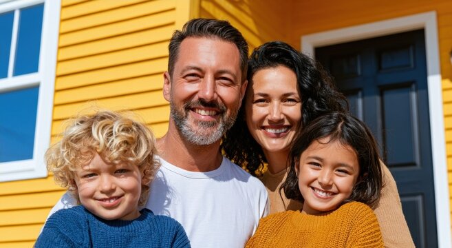 Happy family of four posing together on the front porch of a bright yellow house