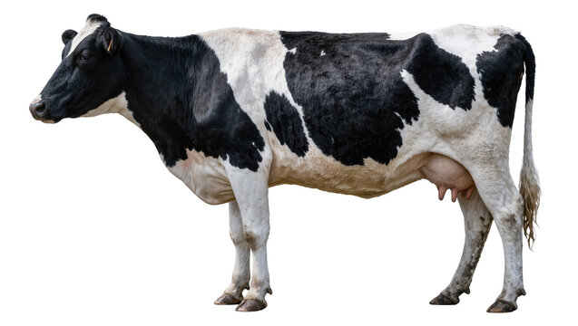 Black and white Holstein cow with udder, isolated on transparent background