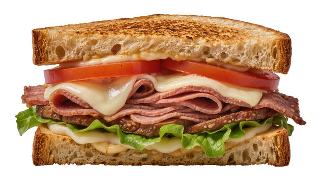 Hearty roast beef sandwich with melted cheese tomato and lettuce, isolated on transparent background