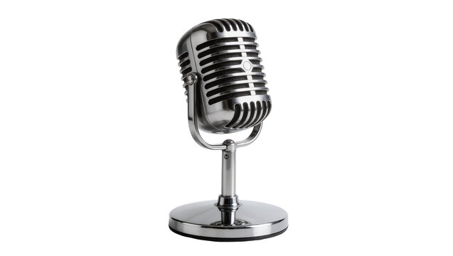 Retro chrome microphone with adjustable stand, isolated on transparent background