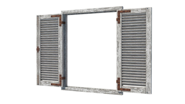 Weathered grey wooden louvered shutters with rusty hinges, isolated on transparent background