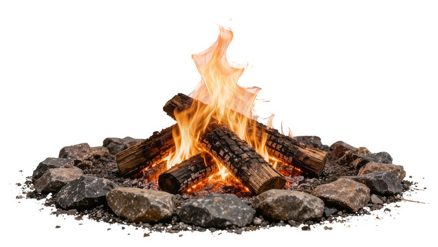 Burning logs in a stone fire pit, isolated on transparent background