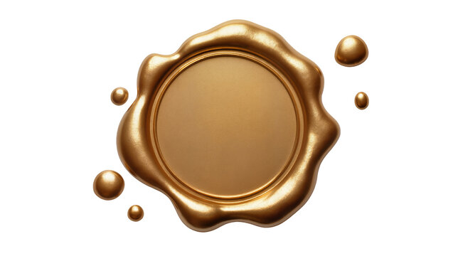 Golden wax seal with dripping wax droplets, isolated on transparent background