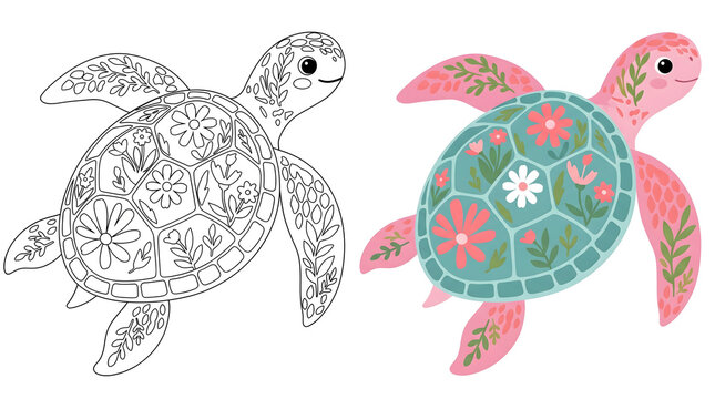 cute sea turtle swimming with detailed floral pattern shell and happy face vibrant pink and teal colors alongside a black outline coloring book page design for kids and education digital illustration