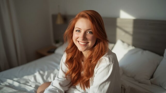 Una mujer joven de cabello naranja intenso est&aacute; sentada c&oacute;modamente en la cama, sonriendo con calidez