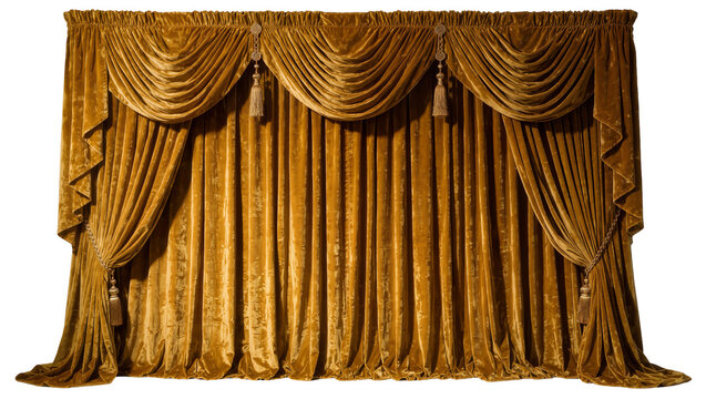 Golden velvet drapes with tassels and swags, isolated on transparent background