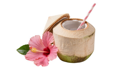 Fresh young coconut with pink hibiscus flower and striped straw, isolated on transparent background © Corotaev