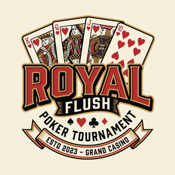 This vibrant poker tournament graphic features a royal flush hand of cards, highlighting excitement and competition in a casino setting with classic styling.
