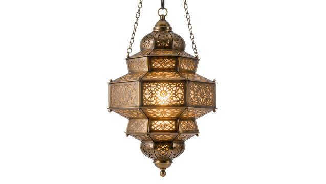 Ornate brass Moroccan lantern with intricate geometric patterns illuminated from within, isolated on transparent background