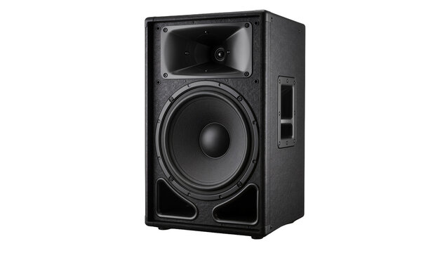 Black professional audio speaker with large woofer and horn tweeter, isolated on transparent background