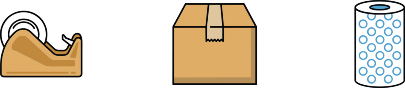 Tape dispenser, cardboard box, and bubble wrap roll icons