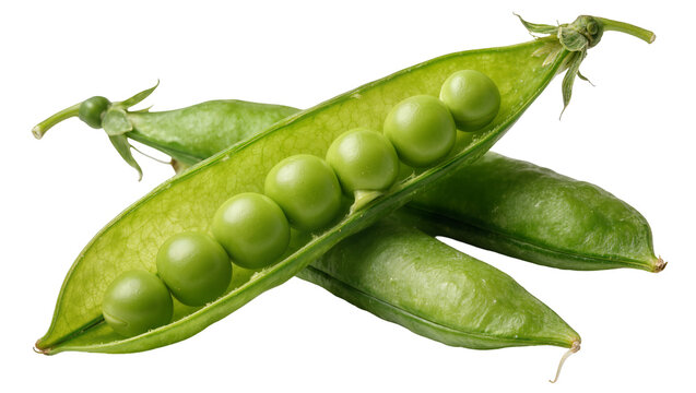 Fresh green pea pods with round seeds, isolated on transparent background