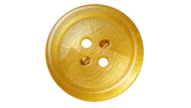Translucent golden yellow four-hole button with visible thread, isolated on transparent background
