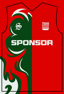 Red and emerald green dragon flame graphic soccer jersey mockup template for futsal team