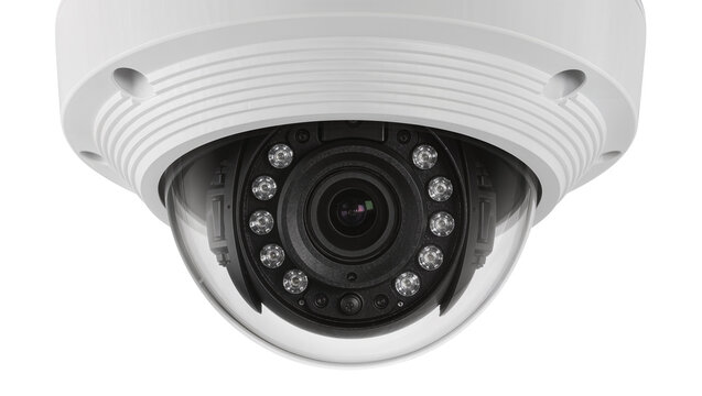 White dome security camera with infrared LEDs, isolated on transparent background