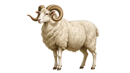 Majestic ram with large curved horns fluffy wool, isolated on transparent background © Aliona