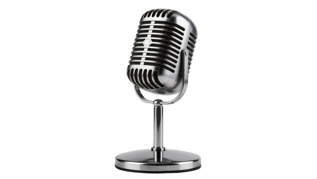 Retro silver microphone with chrome stand, isolated on transparent background